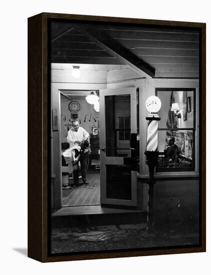 Small Town Barber Grover Cleveland Kohl Working in His Shop at Night-Alfred Eisenstaedt-Framed Premier Image Canvas