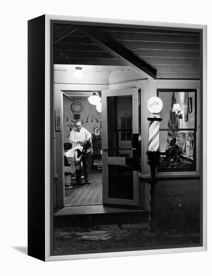 Small Town Barber Grover Cleveland Kohl Working in His Shop at Night-Alfred Eisenstaedt-Framed Premier Image Canvas