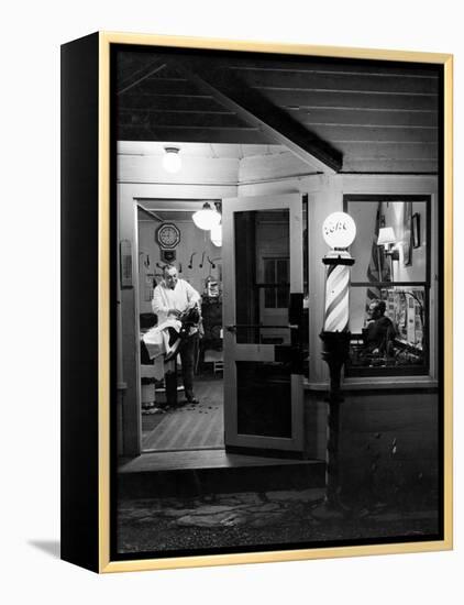 Small Town Barber Grover Cleveland Kohl Working in His Shop at Night-Alfred Eisenstaedt-Framed Premier Image Canvas