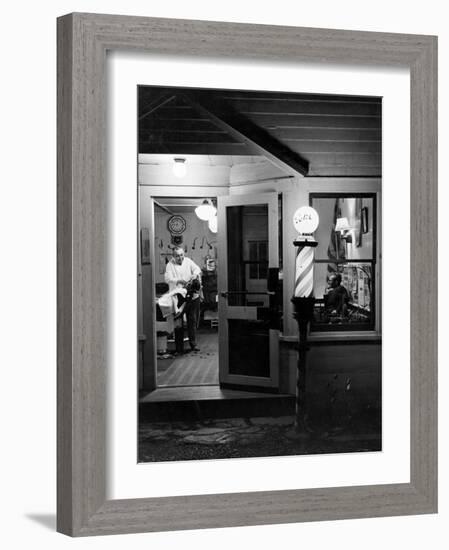 Small Town Barber Grover Cleveland Kohl Working in His Shop at Night-Alfred Eisenstaedt-Framed Photographic Print