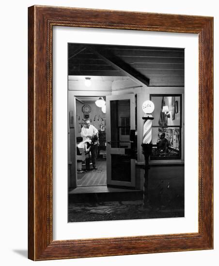 Small Town Barber Grover Cleveland Kohl Working in His Shop at Night-Alfred Eisenstaedt-Framed Photographic Print