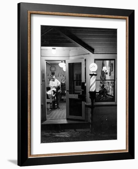 Small Town Barber Grover Cleveland Kohl Working in His Shop at Night-Alfred Eisenstaedt-Framed Photographic Print