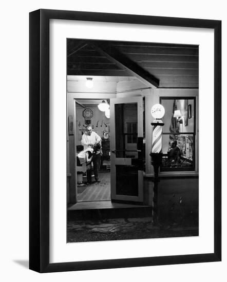 Small Town Barber Grover Cleveland Kohl Working in His Shop at Night-Alfred Eisenstaedt-Framed Photographic Print