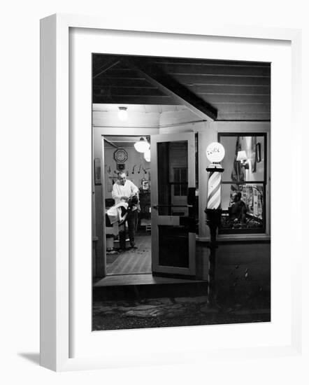 Small Town Barber Grover Cleveland Kohl Working in His Shop at Night-Alfred Eisenstaedt-Framed Photographic Print