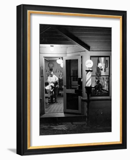 Small Town Barber Grover Cleveland Kohl Working in His Shop at Night-Alfred Eisenstaedt-Framed Photographic Print