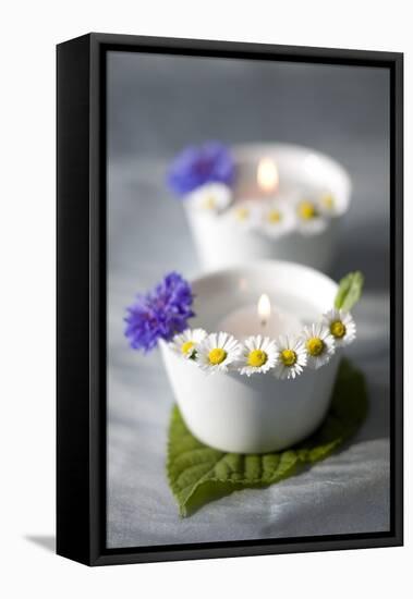 Small White Bowls with Floating Candles and Daisies-Brigitte Protzel-Framed Premier Image Canvas