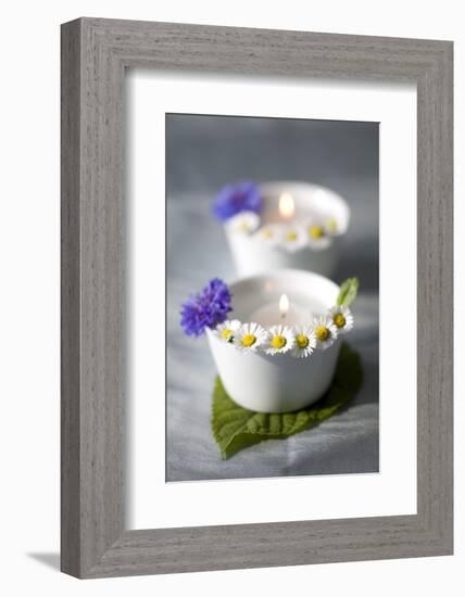 Small White Bowls with Floating Candles and Daisies-Brigitte Protzel-Framed Photographic Print