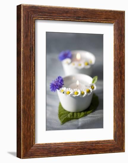 Small White Bowls with Floating Candles and Daisies-Brigitte Protzel-Framed Photographic Print