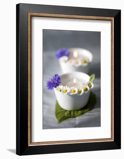 Small White Bowls with Floating Candles and Daisies-Brigitte Protzel-Framed Photographic Print