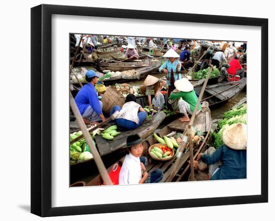 Small Wooden Boats Loaded with Fresh Produce Gather Along a Canal-null-Framed Photographic Print