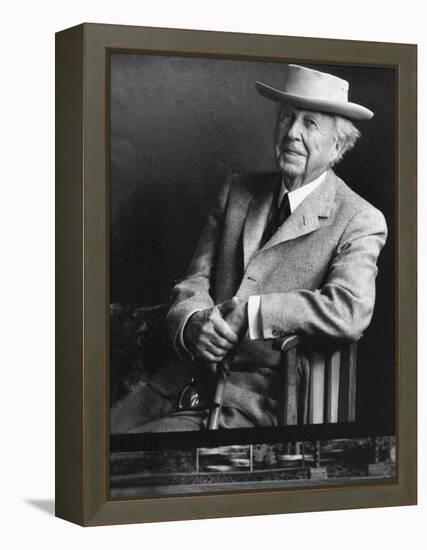 Smiling Architect Frank Lloyd Wright Seated While Wearing Hat-Alfred Eisenstaedt-Framed Premier Image Canvas