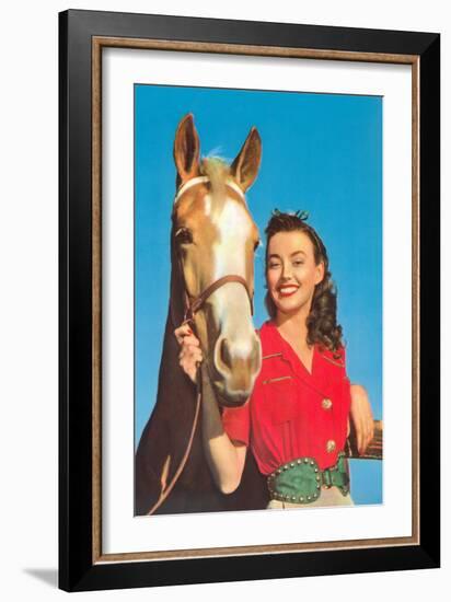 Smiling Cowgirl with Horse-null-Framed Art Print