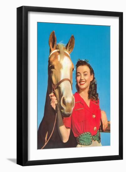 Smiling Cowgirl with Horse-null-Framed Art Print