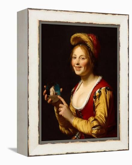Smiling Girl, a Courtesan, Holding an Obscene Image, 1625-Gerrit van Honthorst-Framed Premier Image Canvas