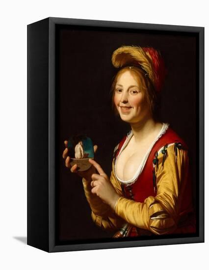 Smiling Girl, a Courtesan, Holding an Obscene Image, 1625-Gerrit van Honthorst-Framed Premier Image Canvas