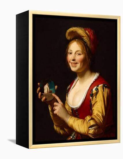 Smiling Girl, a Courtesan, Holding an Obscene Image, 1625-Gerrit van Honthorst-Framed Premier Image Canvas