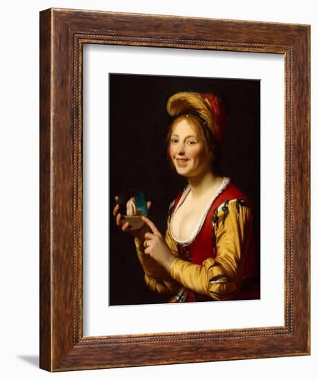 Smiling Girl, a Courtesan, Holding an Obscene Image, 1625-Gerrit van Honthorst-Framed Giclee Print