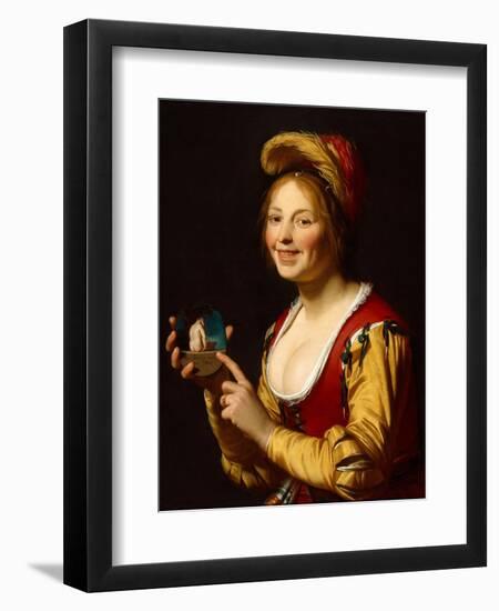 Smiling Girl, a Courtesan, Holding an Obscene Image, 1625-Gerrit van Honthorst-Framed Giclee Print