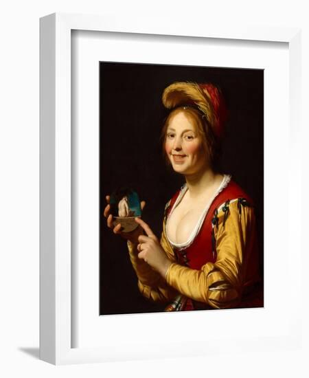 Smiling Girl, a Courtesan, Holding an Obscene Image, 1625-Gerrit van Honthorst-Framed Giclee Print