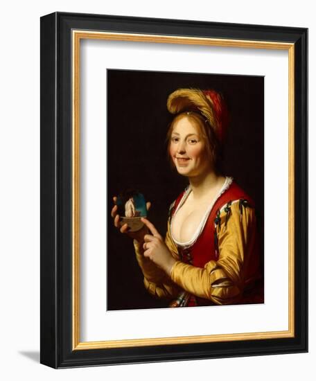 Smiling Girl, a Courtesan, Holding an Obscene Image, 1625-Gerrit van Honthorst-Framed Giclee Print