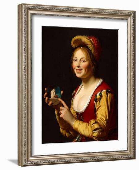 Smiling Girl, a Courtesan, Holding an Obscene Image, 1625-Gerrit van Honthorst-Framed Giclee Print