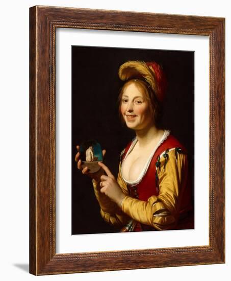 Smiling Girl, a Courtesan, Holding an Obscene Image, 1625-Gerrit van Honthorst-Framed Giclee Print