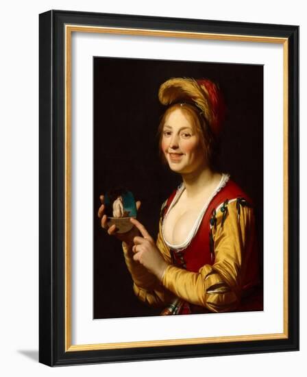 Smiling Girl, a Courtesan, Holding an Obscene Image, 1625-Gerrit van Honthorst-Framed Giclee Print