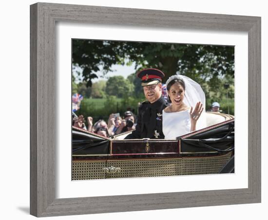 Smiling Newlyweds Prince Harry and Meghan and Wave-Associated Newspapers-Framed Photo