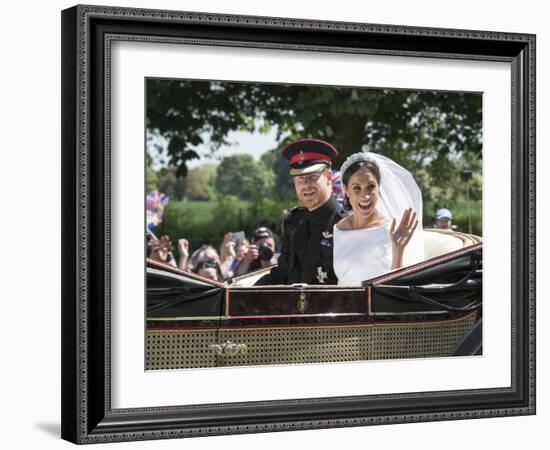 Smiling Newlyweds Prince Harry and Meghan and Wave-Associated Newspapers-Framed Photo