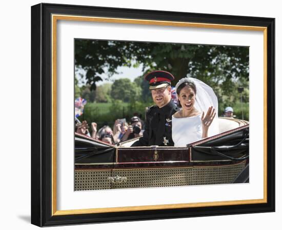 Smiling Newlyweds Prince Harry and Meghan and Wave-Associated Newspapers-Framed Photo