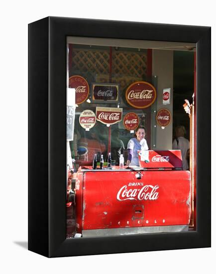 Smiling vendor in booth, Covered Bridge Festival, Mansfield, Indiana, USA-Anna Miller-Framed Premier Image Canvas