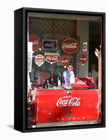 Smiling vendor in booth, Covered Bridge Festival, Mansfield, Indiana, USA-Anna Miller-Framed Premier Image Canvas