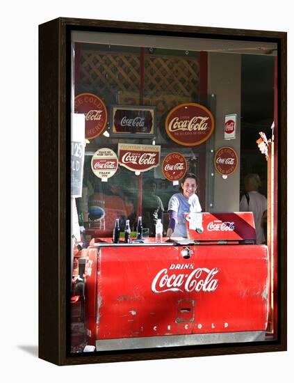 Smiling vendor in booth, Covered Bridge Festival, Mansfield, Indiana, USA-Anna Miller-Framed Premier Image Canvas