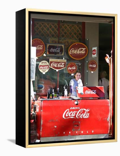 Smiling vendor in booth, Covered Bridge Festival, Mansfield, Indiana, USA-Anna Miller-Framed Premier Image Canvas