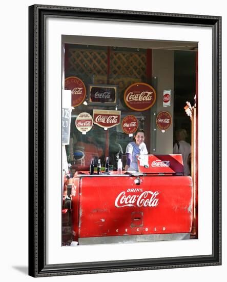 Smiling vendor in booth, Covered Bridge Festival, Mansfield, Indiana, USA-Anna Miller-Framed Photographic Print