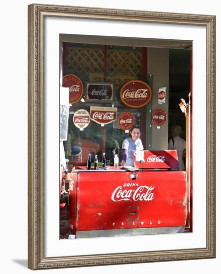 Smiling vendor in booth, Covered Bridge Festival, Mansfield, Indiana, USA-Anna Miller-Framed Photographic Print