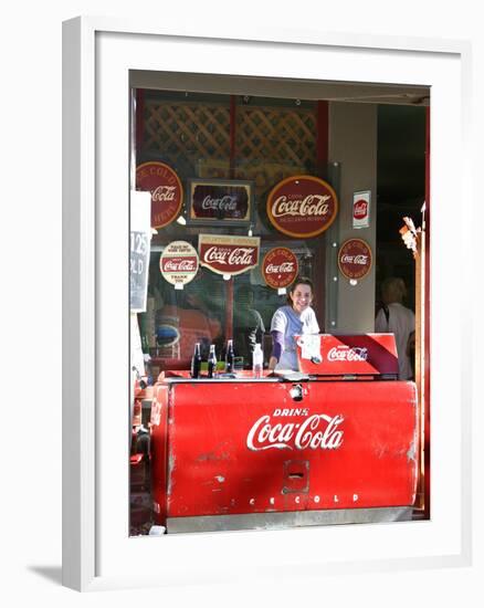 Smiling vendor in booth, Covered Bridge Festival, Mansfield, Indiana, USA-Anna Miller-Framed Photographic Print