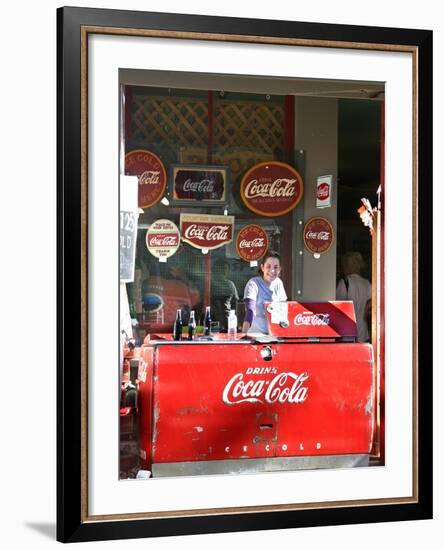 Smiling vendor in booth, Covered Bridge Festival, Mansfield, Indiana, USA-Anna Miller-Framed Photographic Print