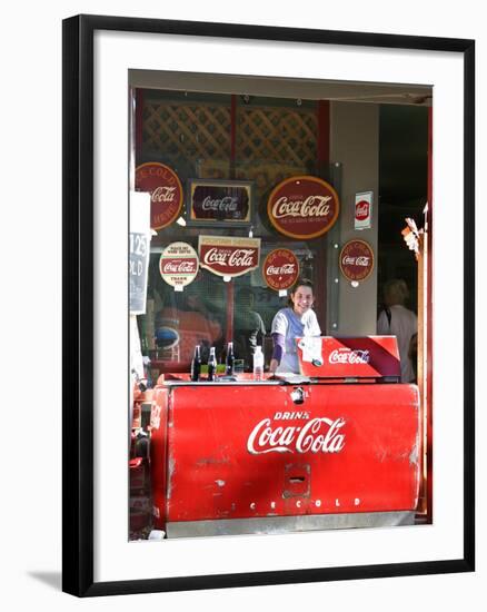 Smiling vendor in booth, Covered Bridge Festival, Mansfield, Indiana, USA-Anna Miller-Framed Photographic Print