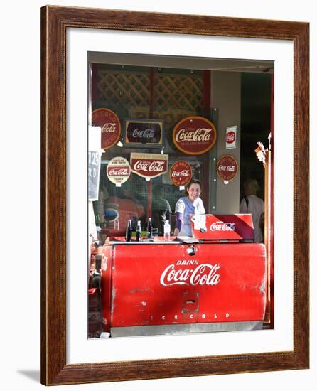 Smiling vendor in booth, Covered Bridge Festival, Mansfield, Indiana, USA-Anna Miller-Framed Photographic Print