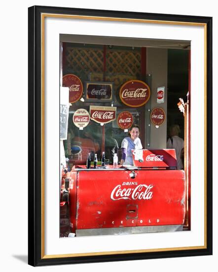 Smiling vendor in booth, Covered Bridge Festival, Mansfield, Indiana, USA-Anna Miller-Framed Photographic Print