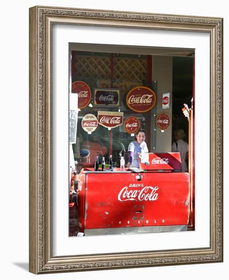 Smiling vendor in booth, Covered Bridge Festival, Mansfield, Indiana, USA-Anna Miller-Framed Photographic Print