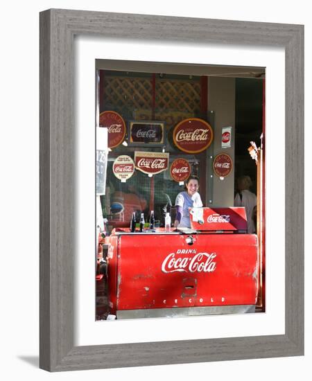 Smiling vendor in booth, Covered Bridge Festival, Mansfield, Indiana, USA-Anna Miller-Framed Photographic Print