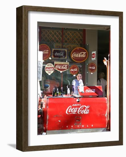 Smiling vendor in booth, Covered Bridge Festival, Mansfield, Indiana, USA-Anna Miller-Framed Photographic Print