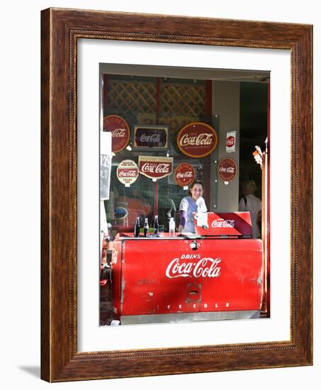 Smiling vendor in booth, Covered Bridge Festival, Mansfield, Indiana, USA-Anna Miller-Framed Photographic Print