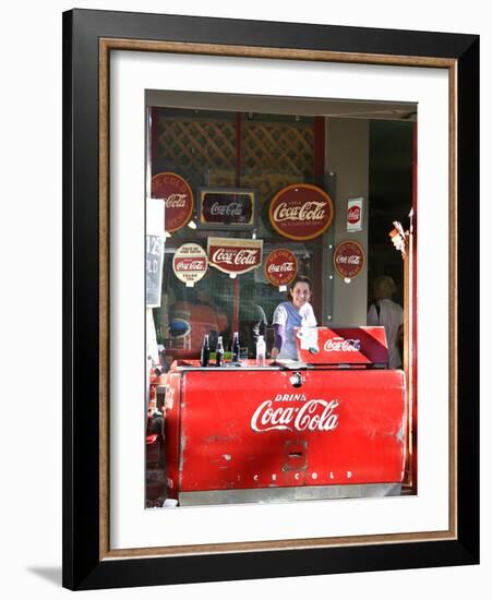 Smiling vendor in booth, Covered Bridge Festival, Mansfield, Indiana, USA-Anna Miller-Framed Photographic Print