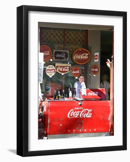 Smiling vendor in booth, Covered Bridge Festival, Mansfield, Indiana, USA-Anna Miller-Framed Photographic Print