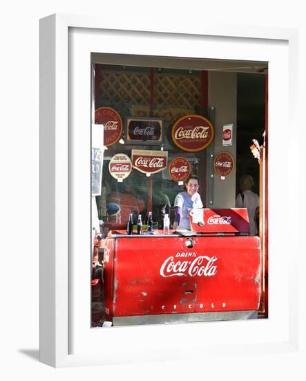 Smiling vendor in booth, Covered Bridge Festival, Mansfield, Indiana, USA-Anna Miller-Framed Photographic Print