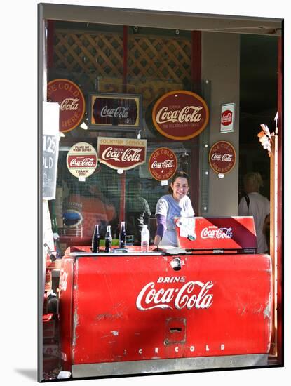 Smiling vendor in booth, Covered Bridge Festival, Mansfield, Indiana, USA-Anna Miller-Mounted Photographic Print