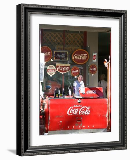 Smiling vendor in booth, Covered Bridge Festival, Mansfield, Indiana, USA-Anna Miller-Framed Photographic Print